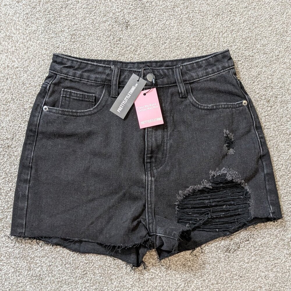 PRETTY LITTLE THING Black Distressed Denim High Rise Cut-Off Jean Shorts; Size 4